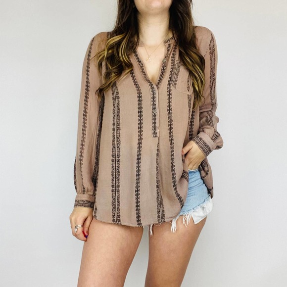 Free People Brown Purple Boho Henley Oversized Top - Picture 2 of 5